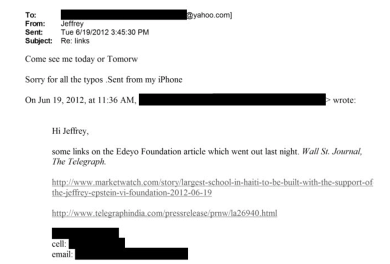 Capture d'écran de correspondances par email issues du fichiers Epstein.