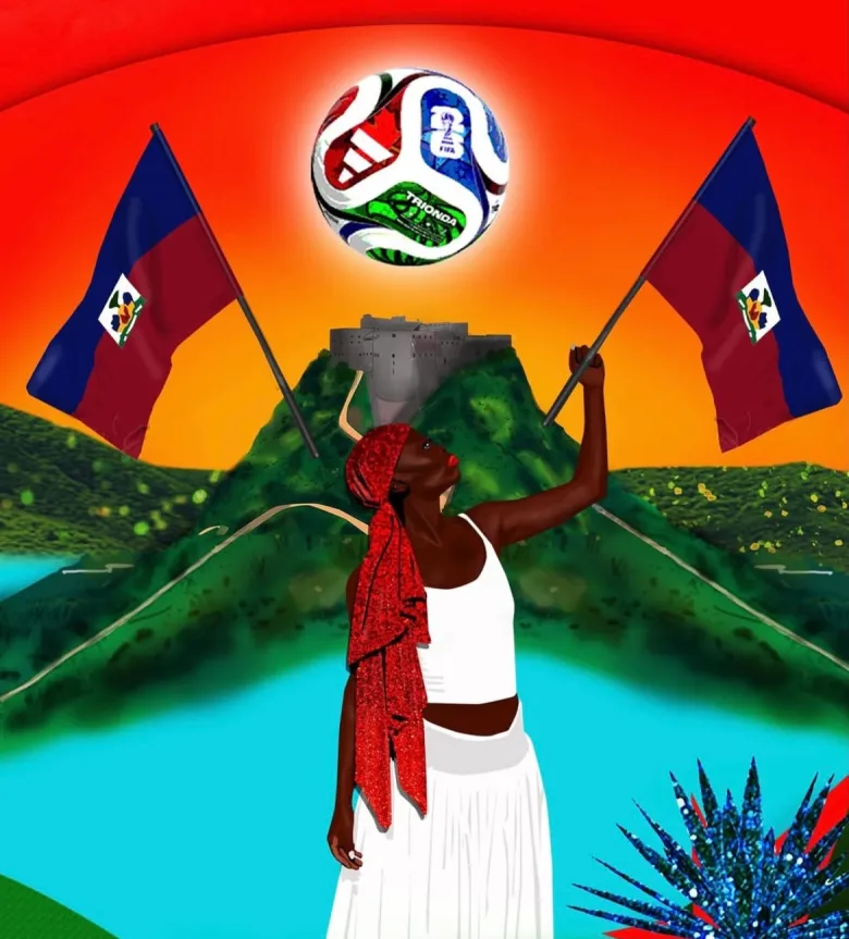 Couverture de la FIFA World Cup 2026 Haïti conçue par Lyne Lucien pour Fox Sports et Sports Illustrated et détails issus de ces œuvres. Courtoisie de Lyne Lucien