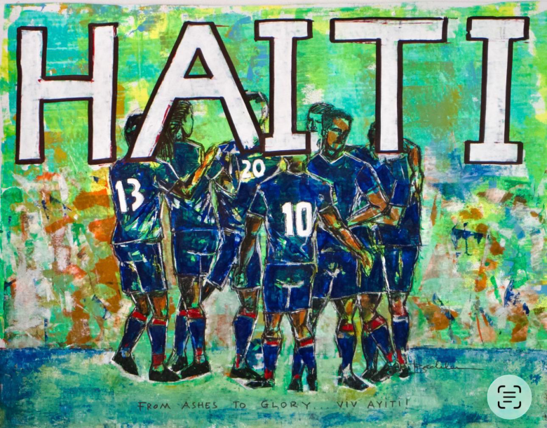 Versions of the Haiti 2026 World Cup Flag featuring the “Ashes to Glory” original painting by Bacheler Jean-Pierre and, in the last photo, Grenadier Frantzdy Pierrot with Jean Pierre. Photos courtesy of Jean-Pierre
