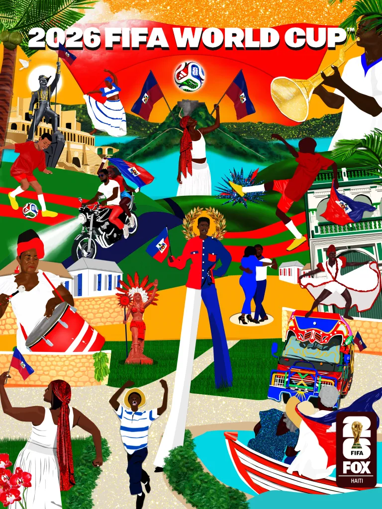 Couverture de la FIFA World Cup 2026 Haïti conçue par Lyne Lucien pour Fox Sports et Sports Illustrated et détails issus de ces œuvres. Courtoisie de Lyne Lucien