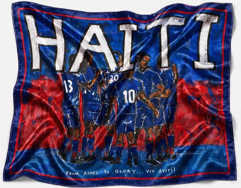 Versions of the Haiti 2026 World Cup Flag featuring the “Ashes to Glory” original painting by Bacheler Jean-Pierre and, in the last photo, Grenadier Frantzdy Pierrot with Jean Pierre. Photos courtesy of Jean-Pierre
