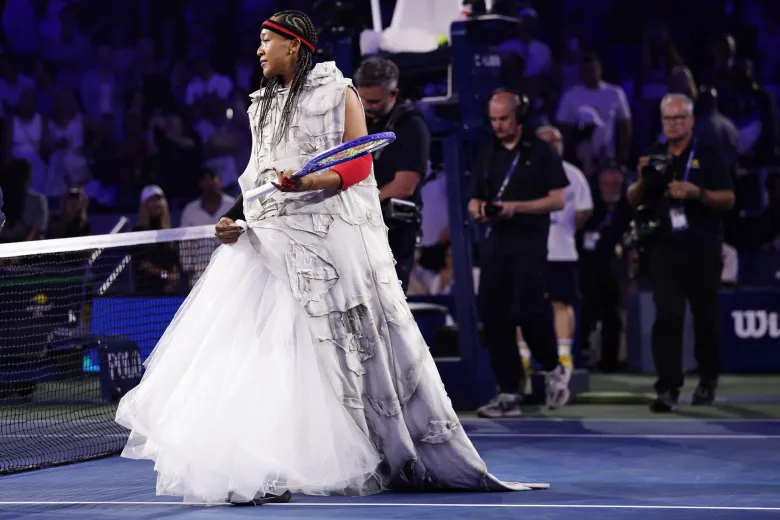 Naomi Osaka, of Japan, arrives to compete against Anastasia Zakharova, of Russia, during the first round of the U.S. Open tennis championships Monday, Aug. 31, 2026, in New York. (AP Photo/Adam Hunger)