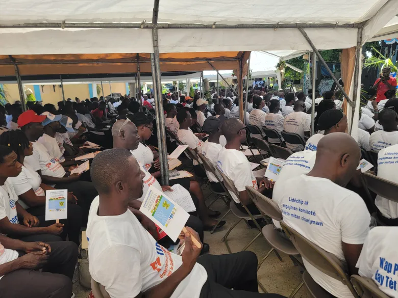 Members of the Organization of Peoples Working for the Development of Haiti (OPODHA) at the 7th general assembly in Trou du Nord on Saturday, Aug. 29, 2026. Photo by Edxon Francisque/The Haitian Times