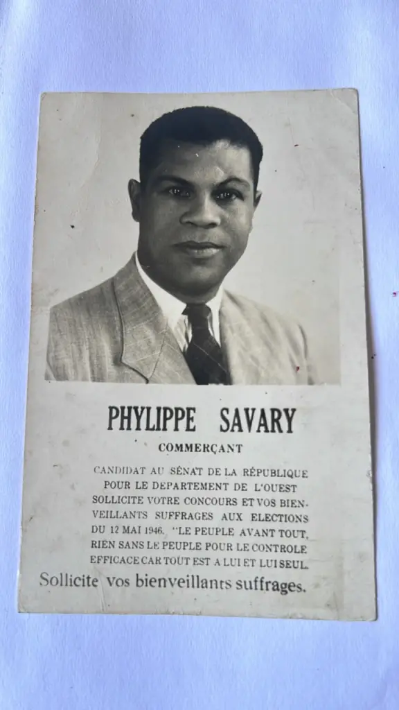 Carte postale de la campagne mai 1946 de Philippe Savary sollicitant le soutien des électeurs dans le département de l’Ouest. Courtesy of Savannah Savary.